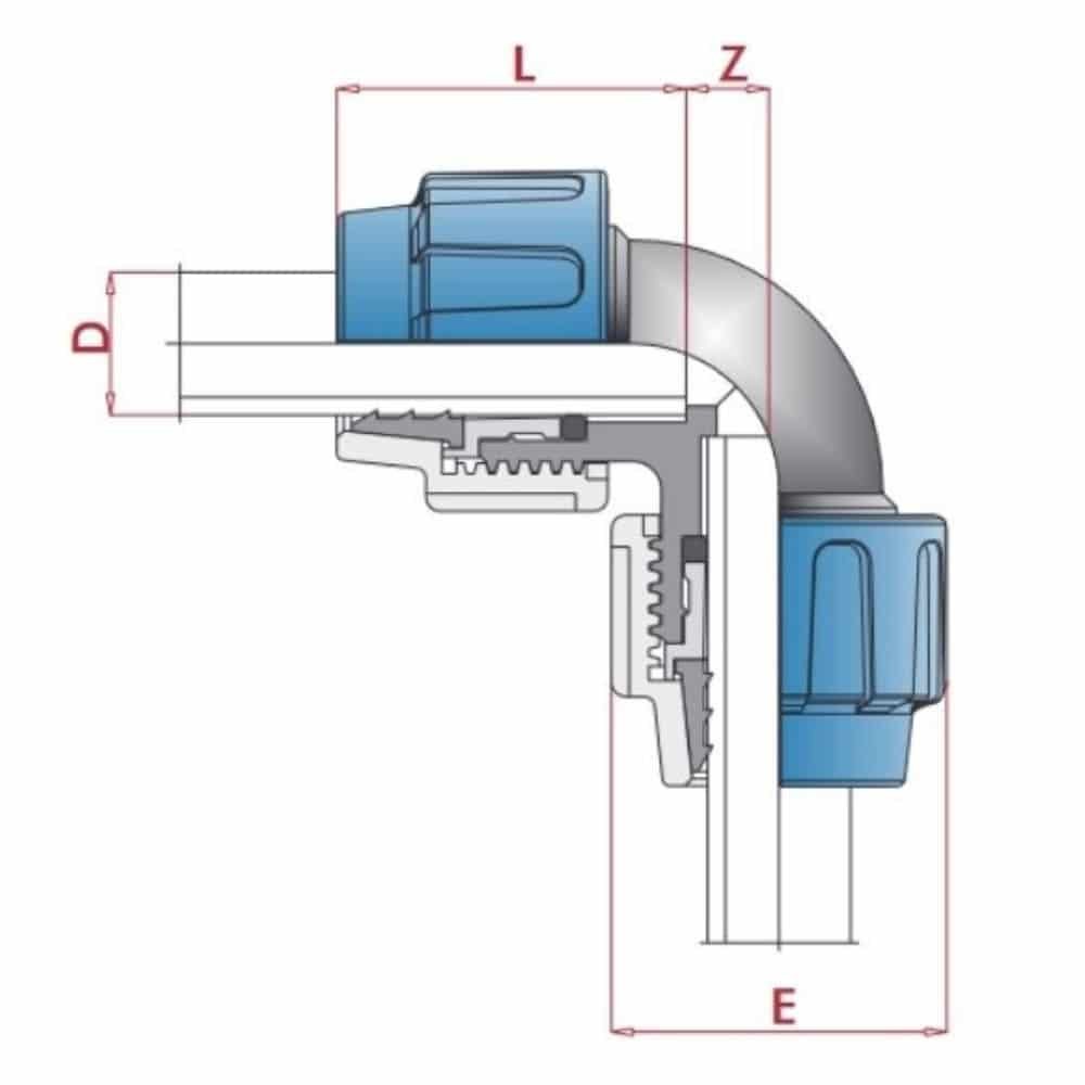 PP PE Rohr Verschraubung 90° Winkel 2 Verschraubungen 32 x 32-0