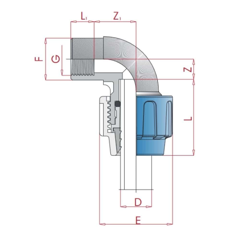 PP PE Pipe Fitting 90° Elbow 20 x 1/2" IG-0