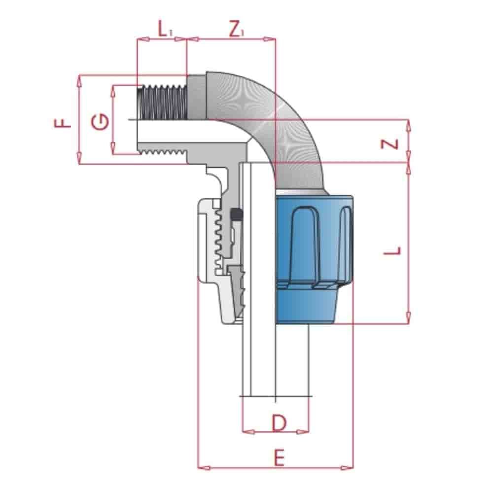 PP PE Pipe Fitting 90° Elbow 32 x 1" M-0