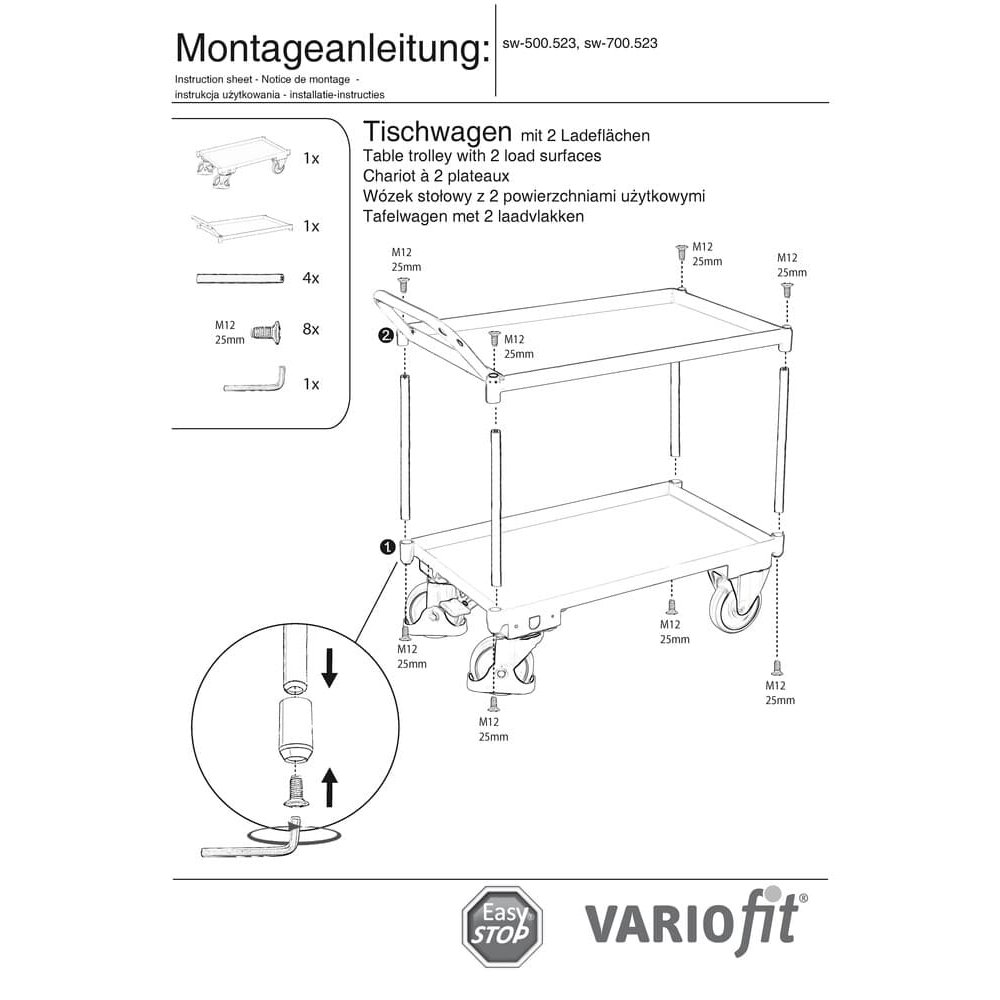 Table cart with 2 tiers, 40 mm high trough edge, high push handle + EasySTOP-0