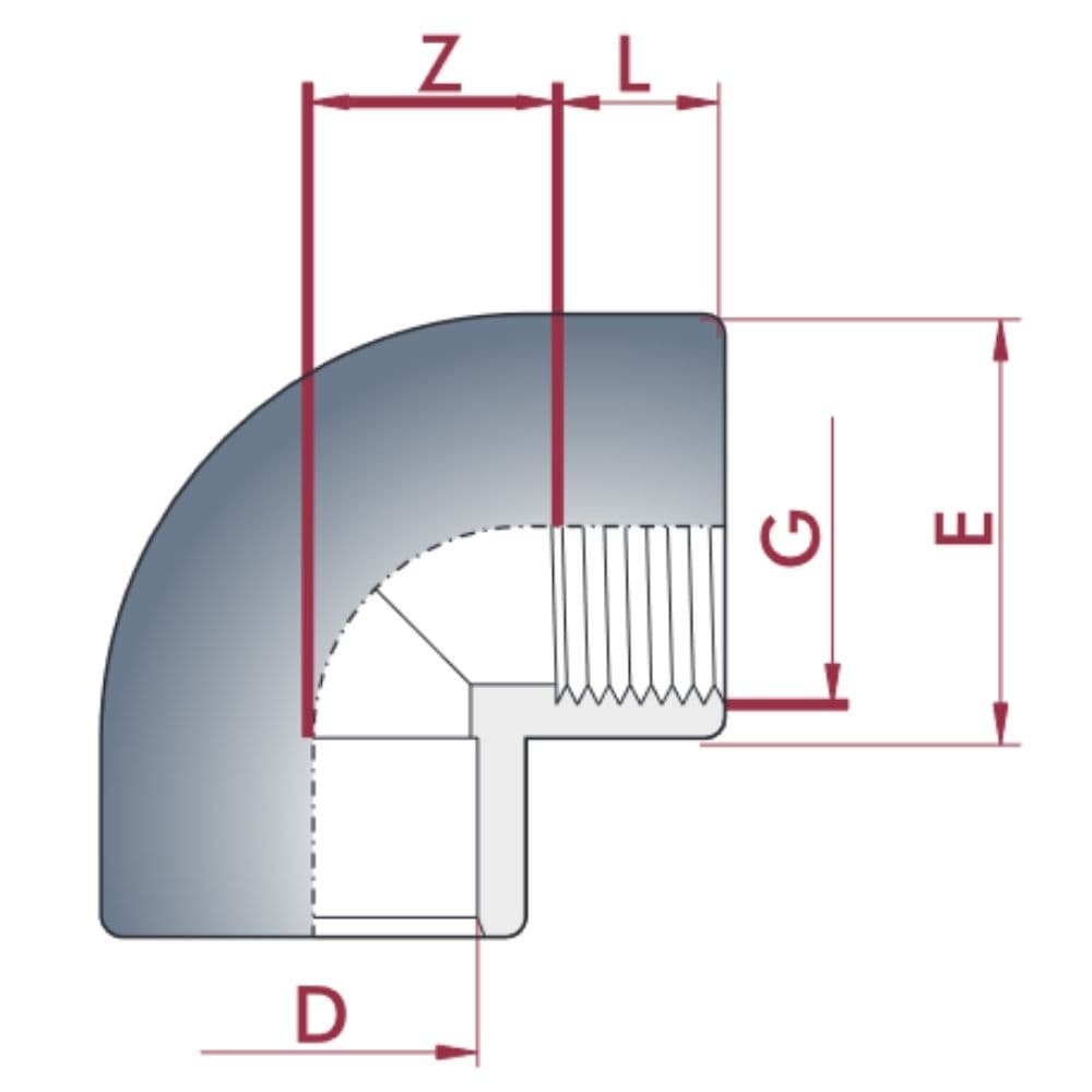 PVC-U 90° Elbow Socket x Female Thread 20 mm x 1/2" PN10-0