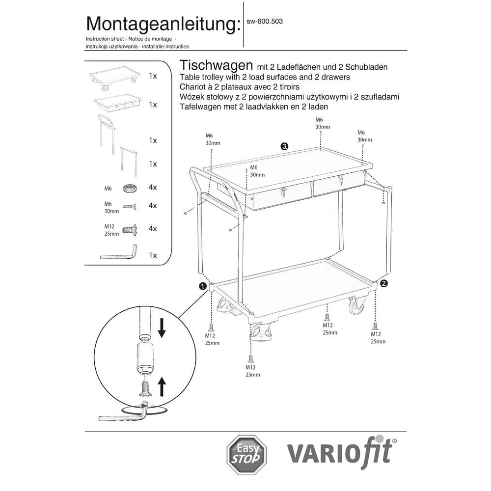 Table Trolley 250 kg with 2 lockable drawers high push bar + EasySTOP-0