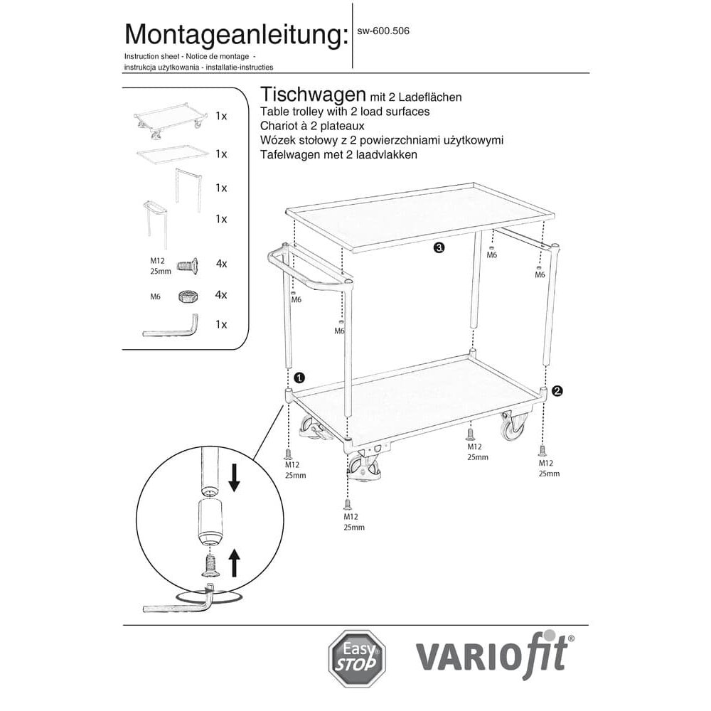 Table Cart with 2 Levels, Trays Screwed, Edge 25 mm + EasySTOP-0