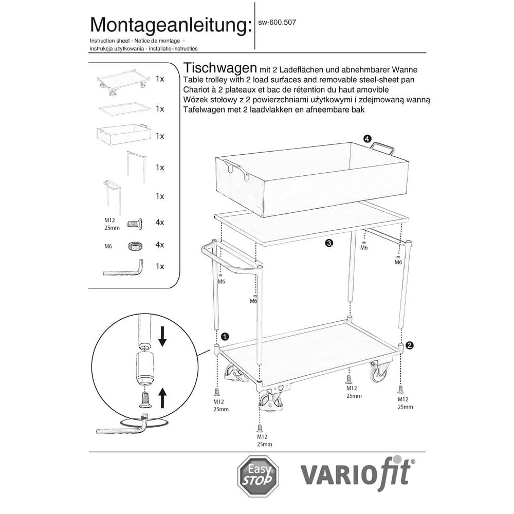 Table trolley with 2 shelves and removable steel tray + EasySTOP-0