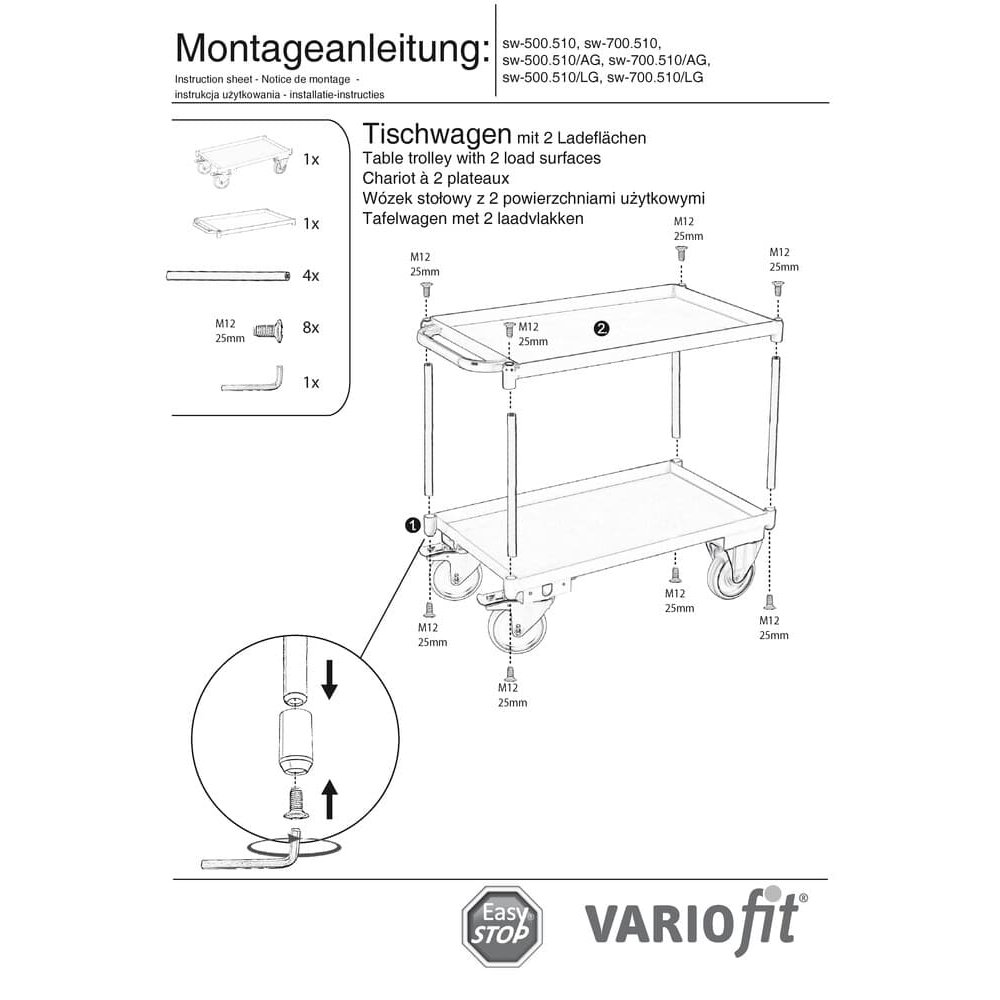 Large cart with 2 shelves, rim 40 mm high + EasySTOP-1