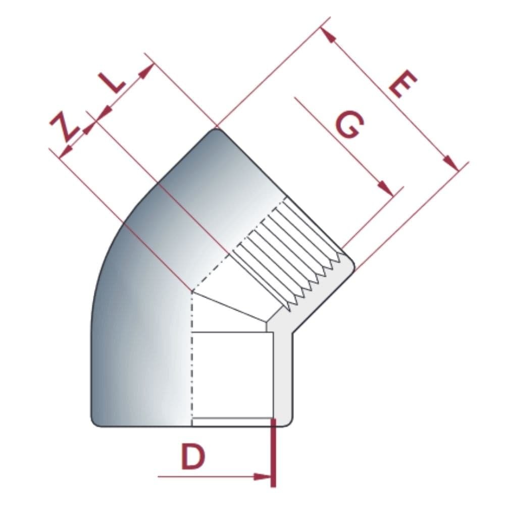 PVC-U 45° Elbow Socket x Female Thread 50 mm x 1 1/2" PN10-0