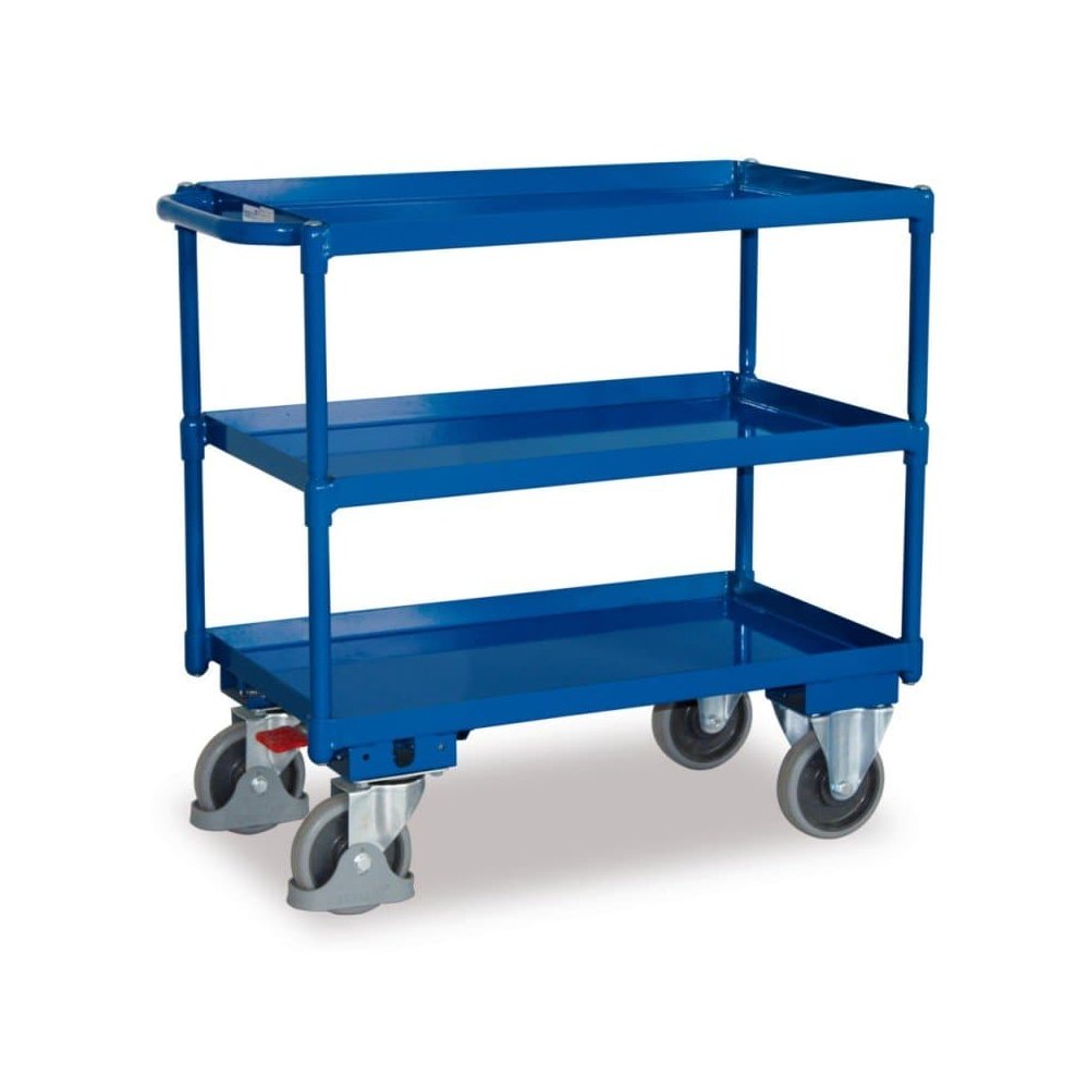 Large Table Cart with 3 Tiers, 40 mm High Tray Edge + EasySTOP