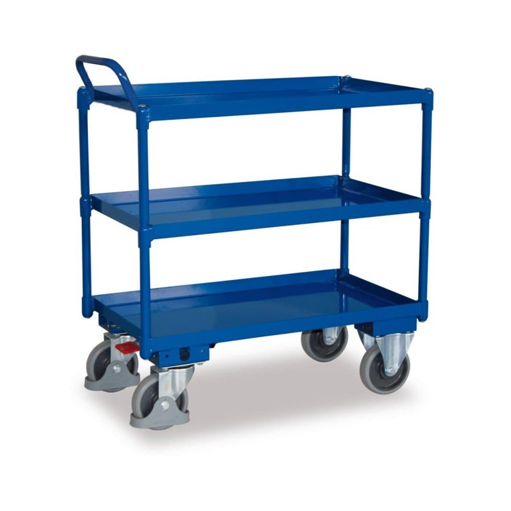 Large table cart with 3 levels, 40 mm high edge, high push handle + EasySTOP