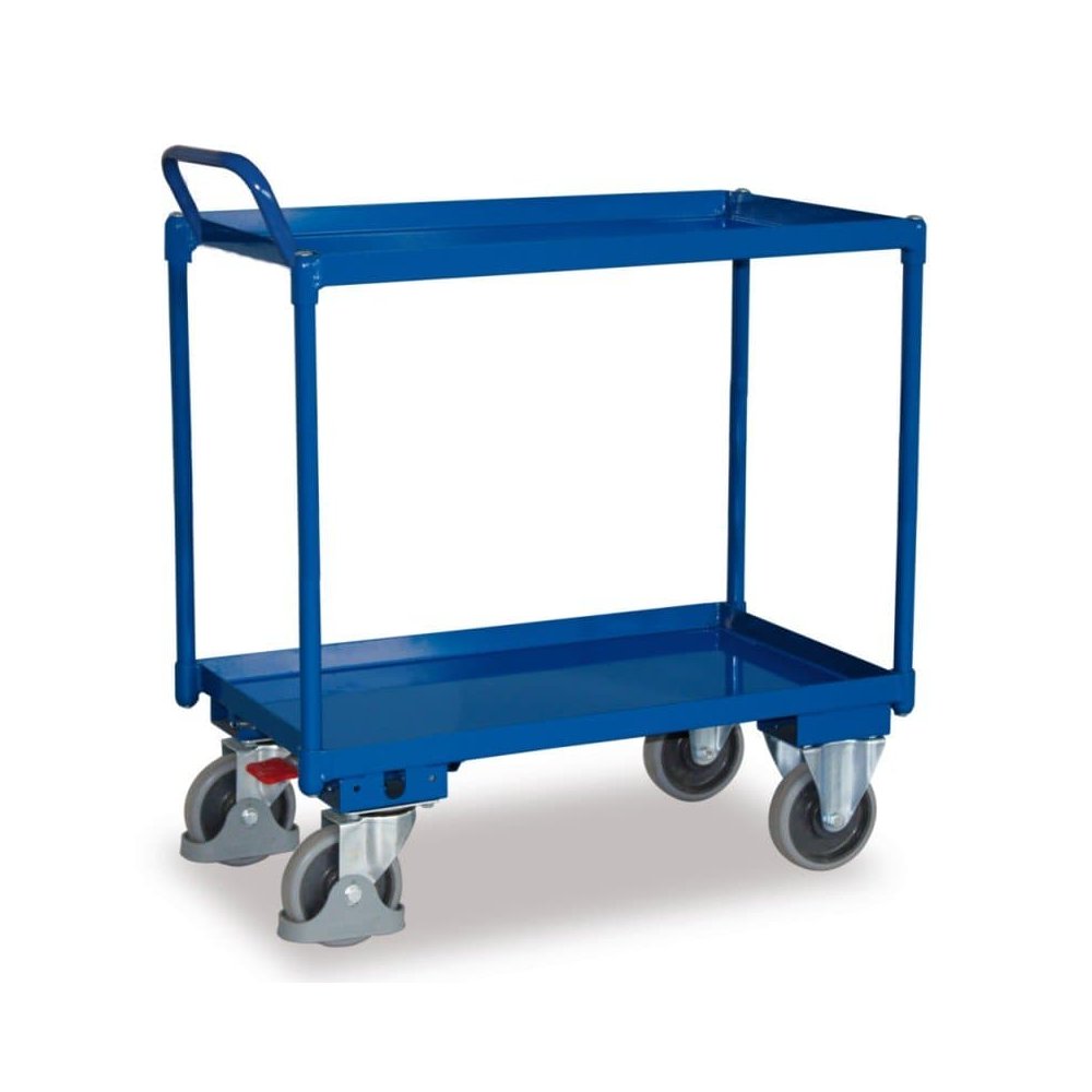 Table cart with 2 tiers, 40 mm high trough edge, high push handle + EasySTOP