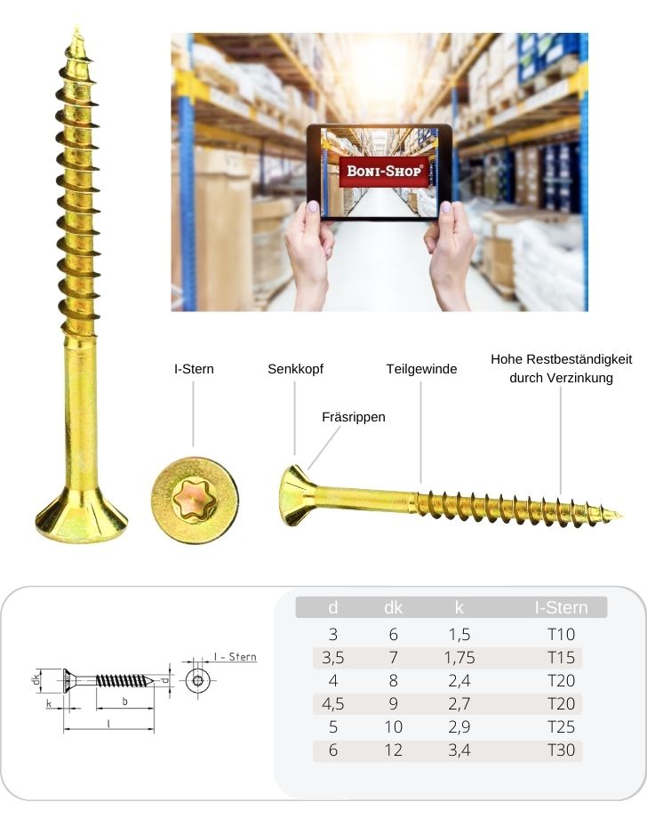 Chipboard screws 3.0 x 35 mm 1000 pieces with I-star, countersunk head, partial thread and milling ribs under the head-2